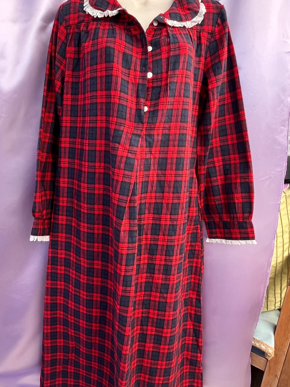 Red and Black Plaid Long Nightgown with Lace Collar